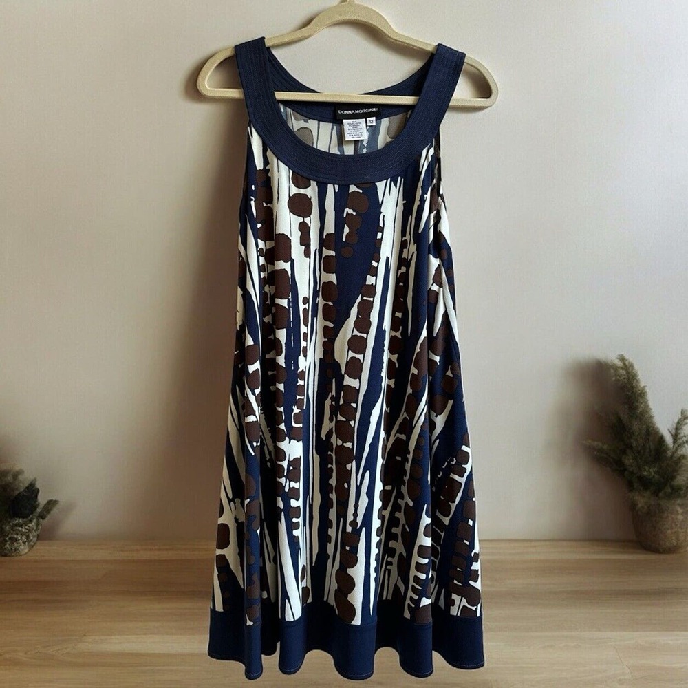 Donna Morgan Women's size‎ 12 Round Neck Summer dress Blue Brown Geometric